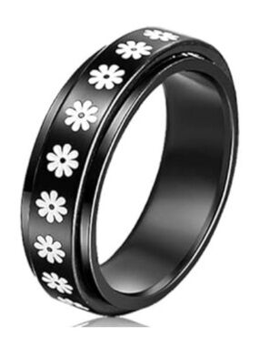 Black White Stainless Steel Daisy Flower Spinner Ring Floral Band